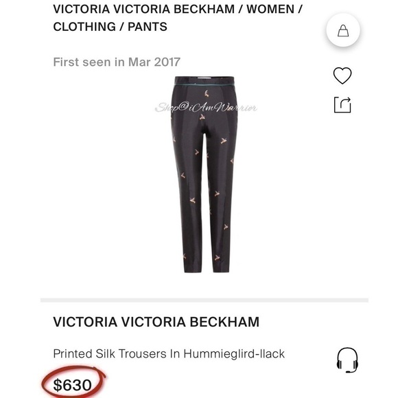 Victoria Beckham NWT black silk twill bird print pants *shop@iamwarrior - Picture 2 of 10